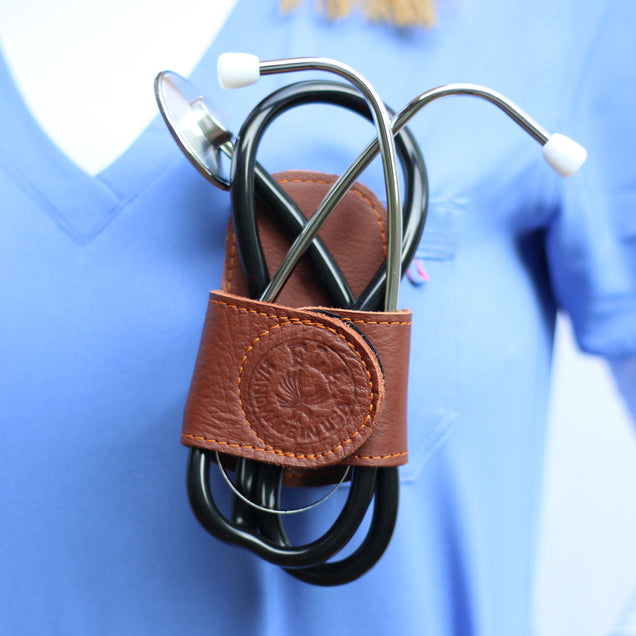 Professional Stethoscope Holder With Back Clip & Velcro Wings. (Genuine Leather, Handmade In U.S.A)