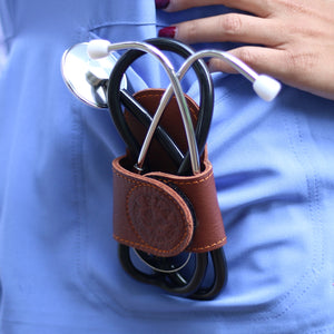 Professional Stethoscope Holder With Back Clip & Velcro Wings. (Genuine Leather, Handmade In U.S.A)
