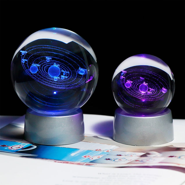 3D Laser Engraved 6CM & 8CM Solar System & Galaxy Glass Sphere. (With Chargeable Multicolor LED Base)