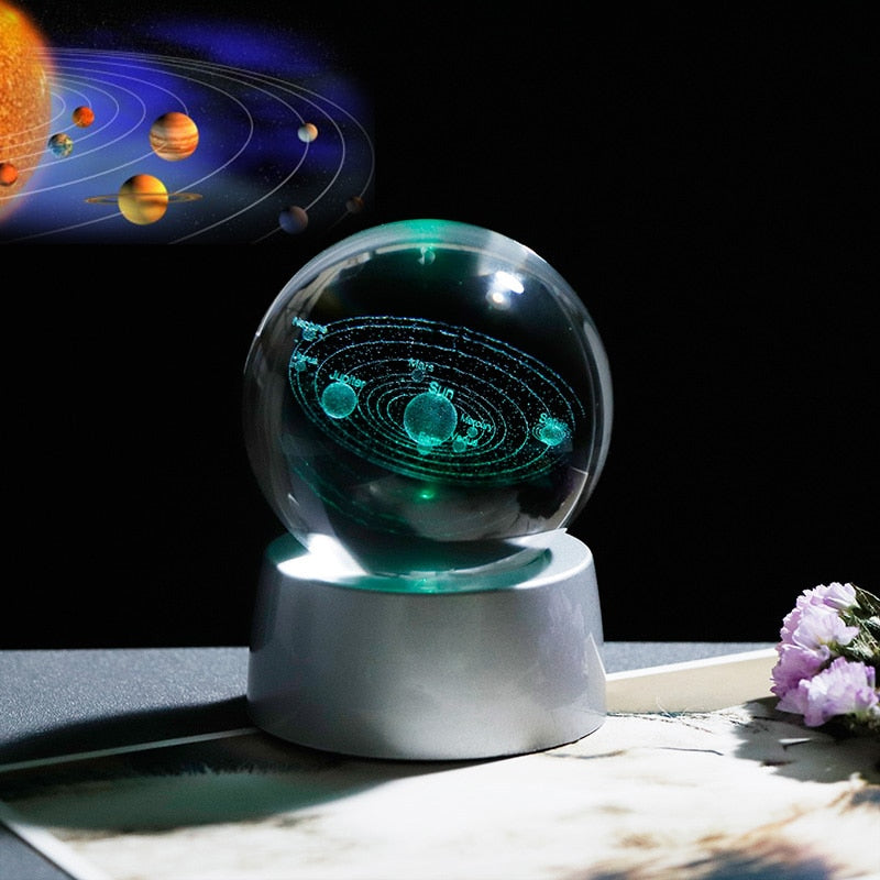 3D Laser Engraved 6CM & 8CM Solar System & Galaxy Glass Sphere. (With Chargeable Multicolor LED Base)