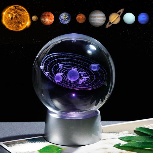 3D Laser Engraved 6CM & 8CM Solar System & Galaxy Glass Sphere. (With Chargeable Multicolor LED Base)